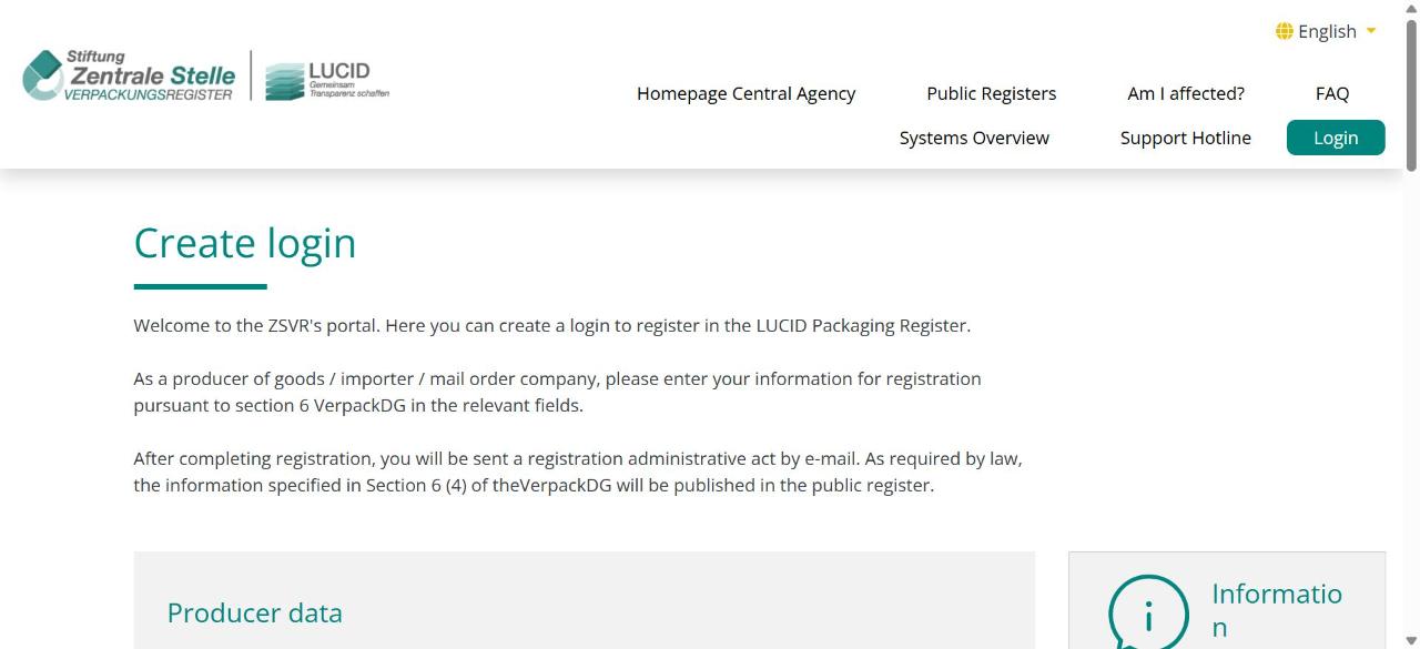 Schermata iniziale di registrazione LUCID, chiamata Create login, sul portale ZSVR