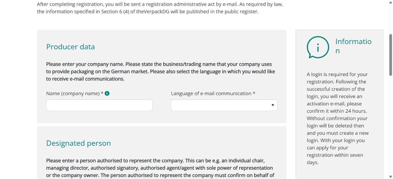 Form dati produttore della registrazione LUCID: nome azienda e lingua delle comunicazioni email