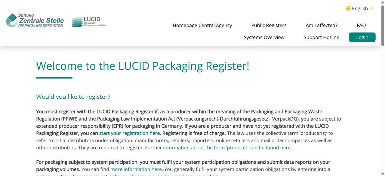 Homepage del registro LUCID con l’avviso che la registrazione è gratuita